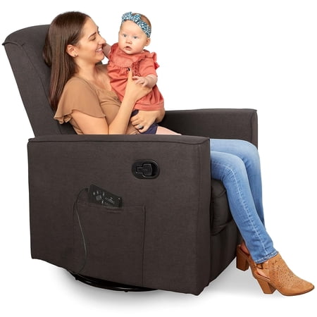 LINGYUAN Raleigh Upholstered Plush Seating Swivel Glider, Rocker, Recliner, Charcoal, Modern Nursery Glider In-built Massager, Tool-Free Assembly, Easy To Clean, Environmentally Concious Glider