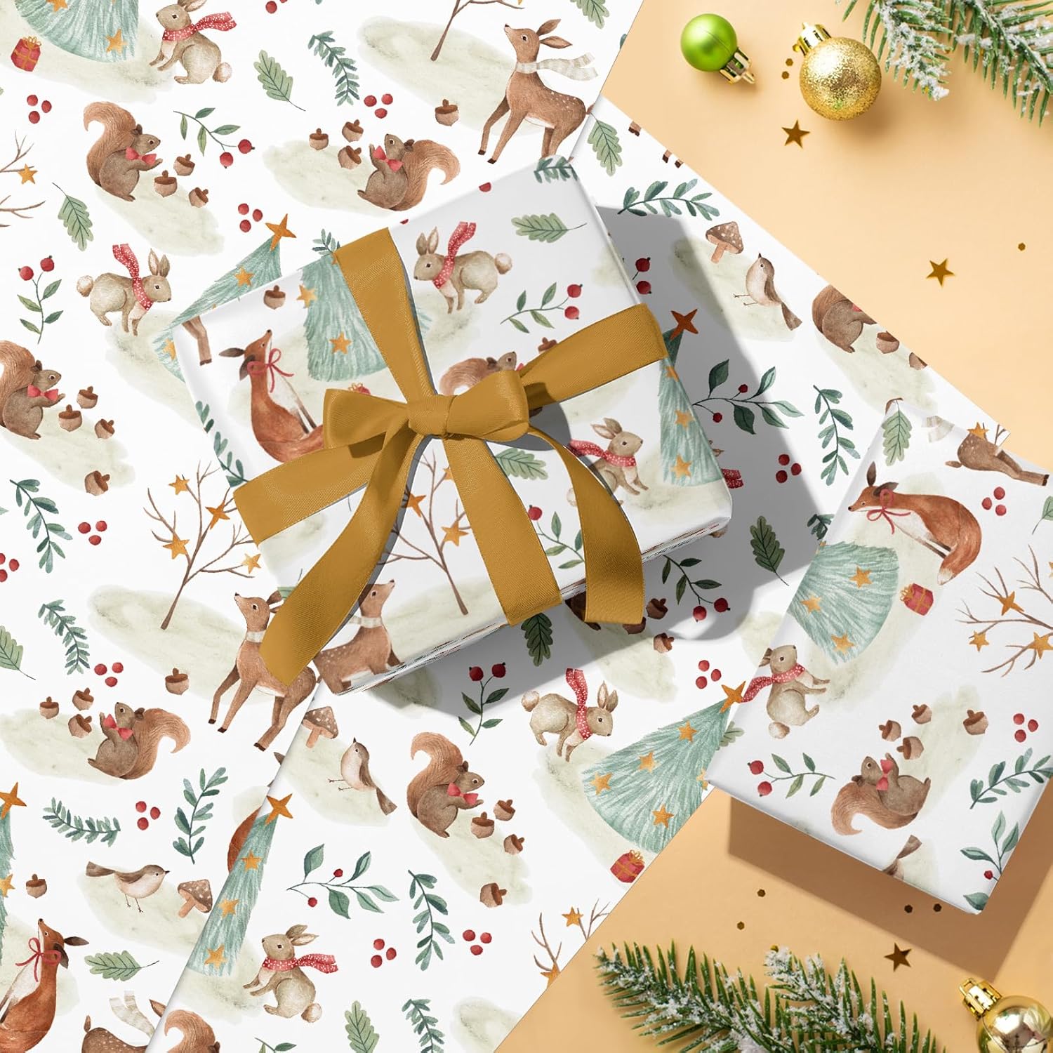 Kraft Christmas Wrapping Paper - Mini Roll - 17 Inch x 33 Feet - Warm Forest Animal Friends and Christmas Tree Wrapping Paper for Holiday, Party Celebration