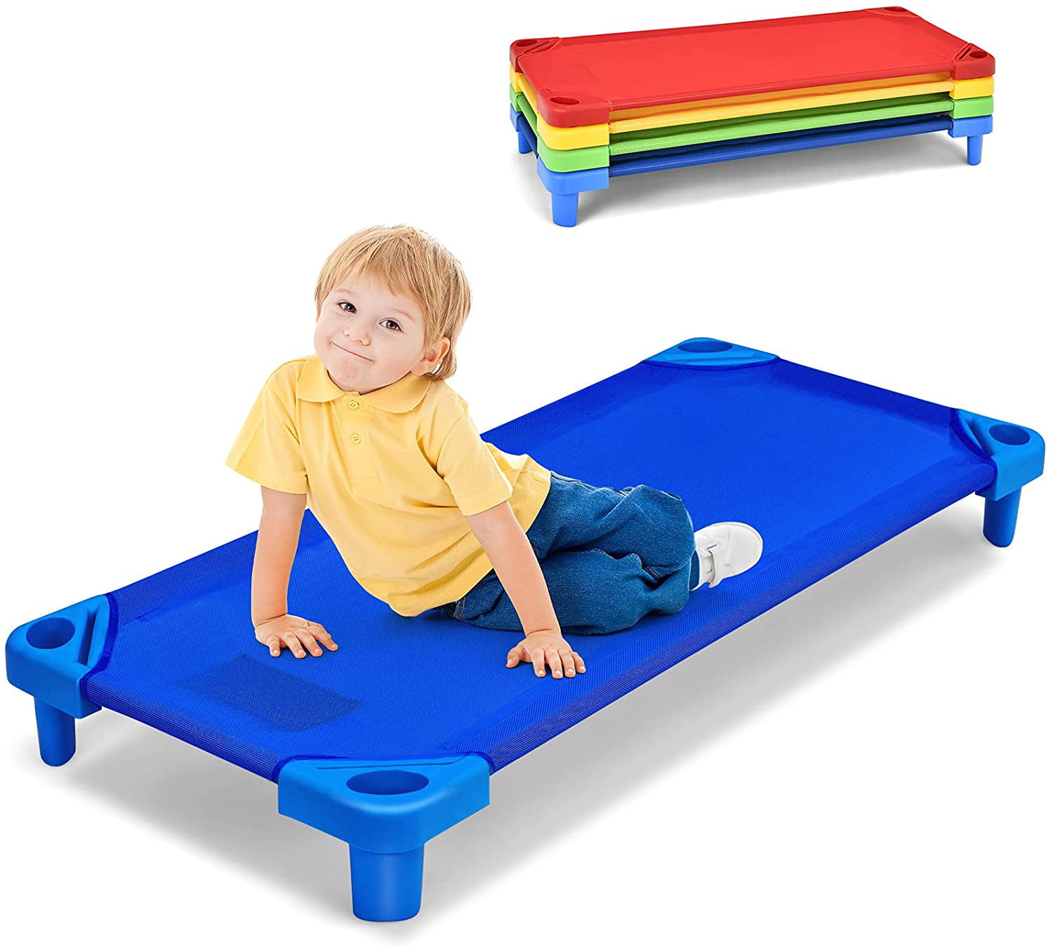 Sprogs SPG-16139-AN-SO Deluxe Unassembled Stackable Daycare Cot Rest Mat w/Easy Lift Corners Blue/Brown/Tan/Green Pack of 4 Standard 52 Length x 5 Height