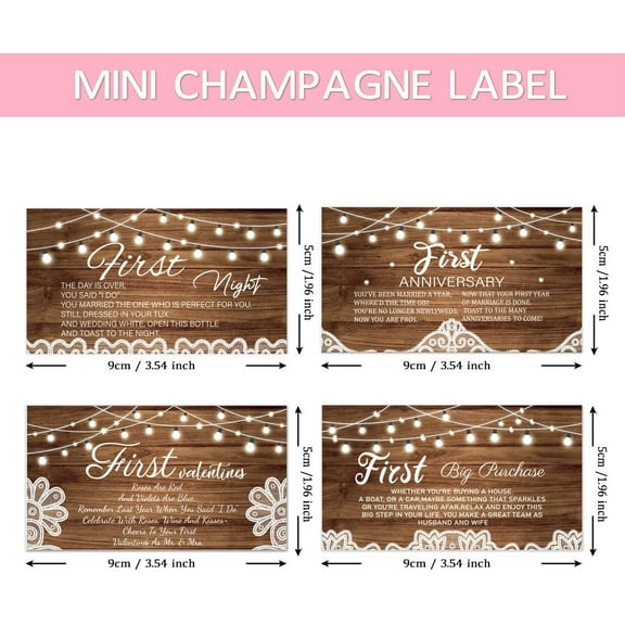40pcs 4 Styles First Champagne Bottle Labels Mini Wedding Wine Labels Text Wine Bottle Sticker Labels Wood Grain Wine Bottle Labels for Bridal Shower Engagement Birthday Party