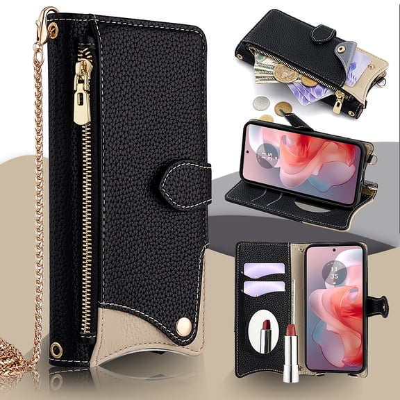 ChicShell Moto G Stylus 5G 2023 Wallet Case with Cards Holder Zipper Pocket Metal Crossbody Shoulder Strap Make-Up Mirror, Flip Cover Stylish Phone Case for Motorola G Stylus 5G 2023, Black
