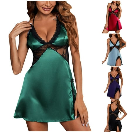 CFLVAEK Lingerie for Women Plus Size V Neck Chemise Nightgowns Elegant Patchwork Lace Side Split Sleepwear Comfy Spaghetti Strap Nightdress XXL