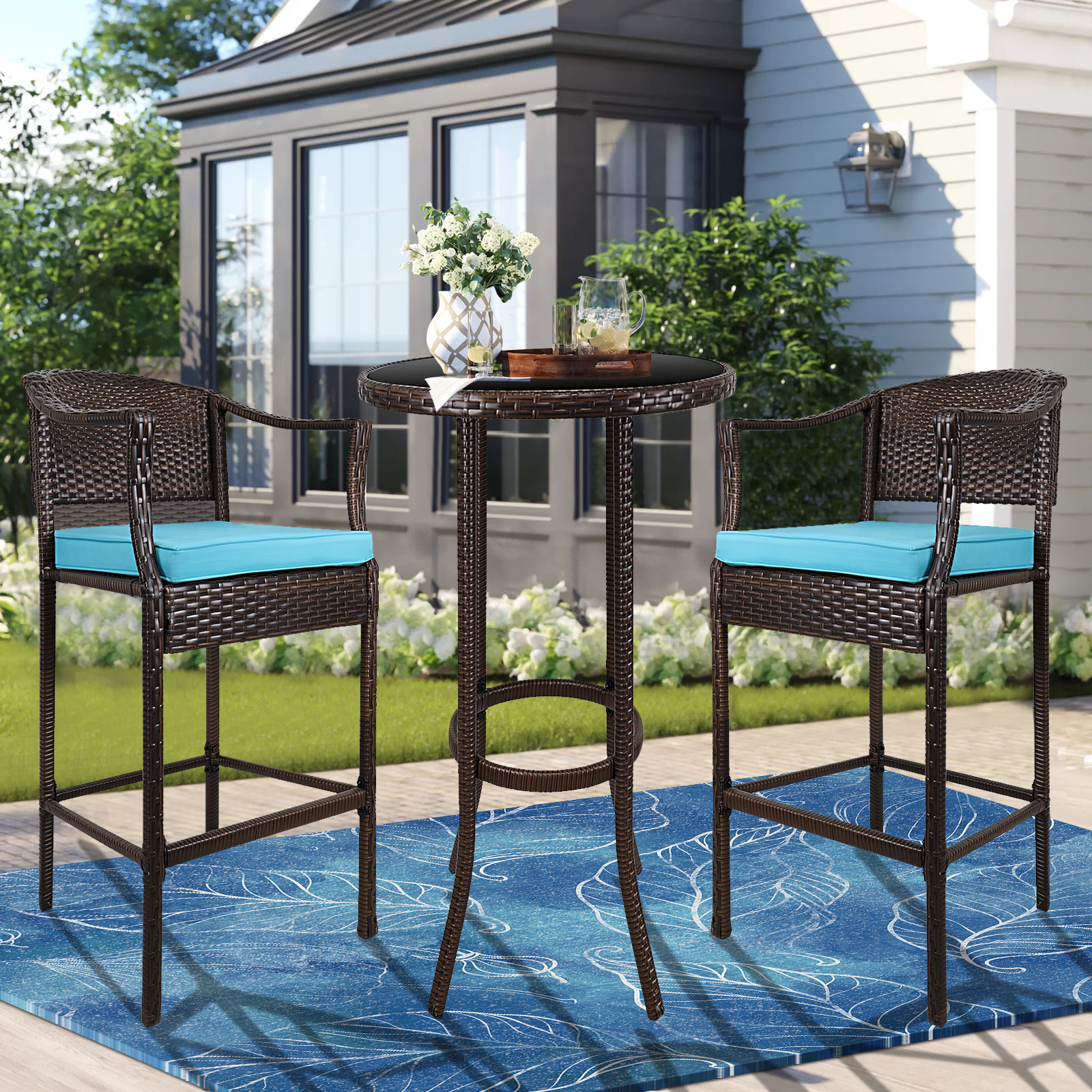 3PCS High Top Patio Set, New Upgarded Wicker Bar Height Bistro Set with