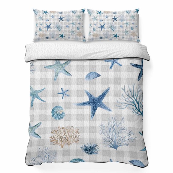 Twin XL Quilt Set, Summer Sea Stars Corals Shells Lightweight Quilt Sets Summer Comforter Coverlets with 2 Pillow Shams, Marine Life on Gray Plaid Breathable 3 Piece Bedding Set for All Seasons
