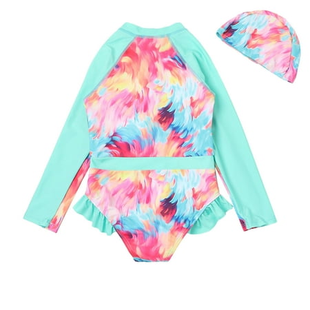 Toimothcn Girls Swimsuits Long Sleeve Casual Tie Dye Printed 2 Piece Bikini Set Quickly Dry Cover Up Swimwear 6-7 Years