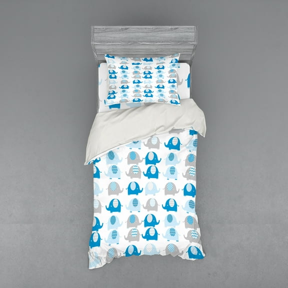 Ambesonne Cartoon Bedding Set 3 Pcs, Elephants with Motifs, Twin XL, Grey Blue