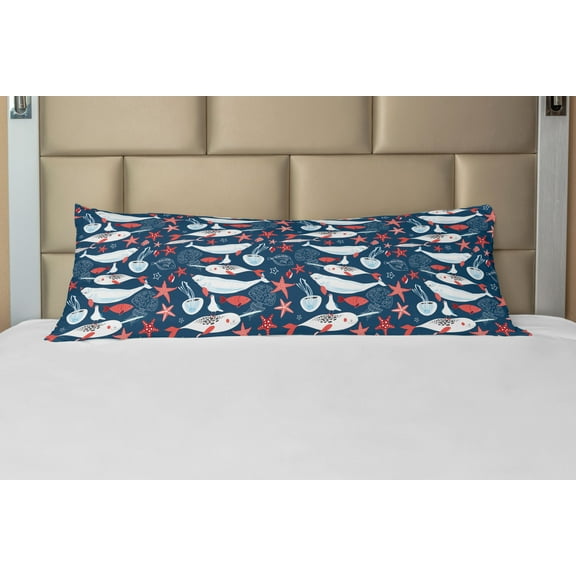 Narwhal Body Pillow Case Cover with Zipper, Arctic Ocean Fauna Fish and Jellyfish Sketch, Decorative Accent Long Pillowcase, 21" x 54", Royal Blue, by Ambesonne