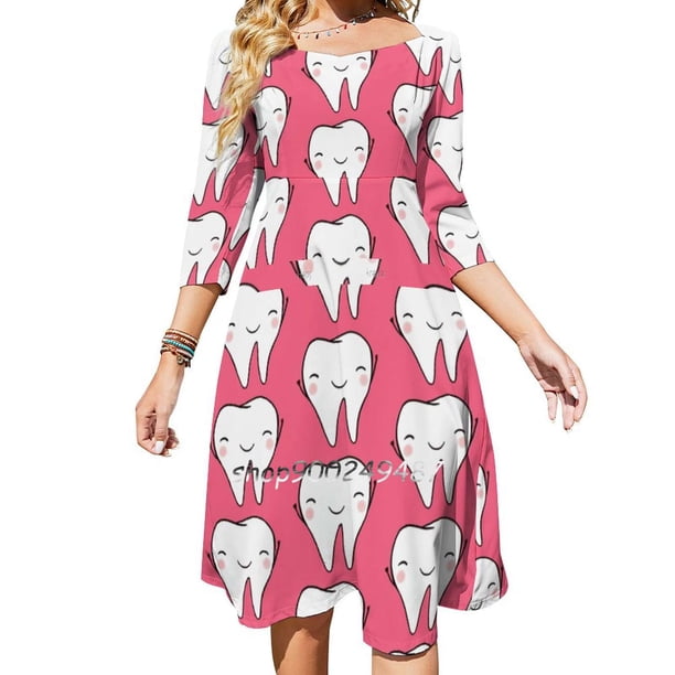 Vestido acampanado Happy Tooth (rosa) Vestido de cuello cuadrado Vestido elegante de moda femenina Vestido estampado Happimola Tamara Arauz Happy Tooth