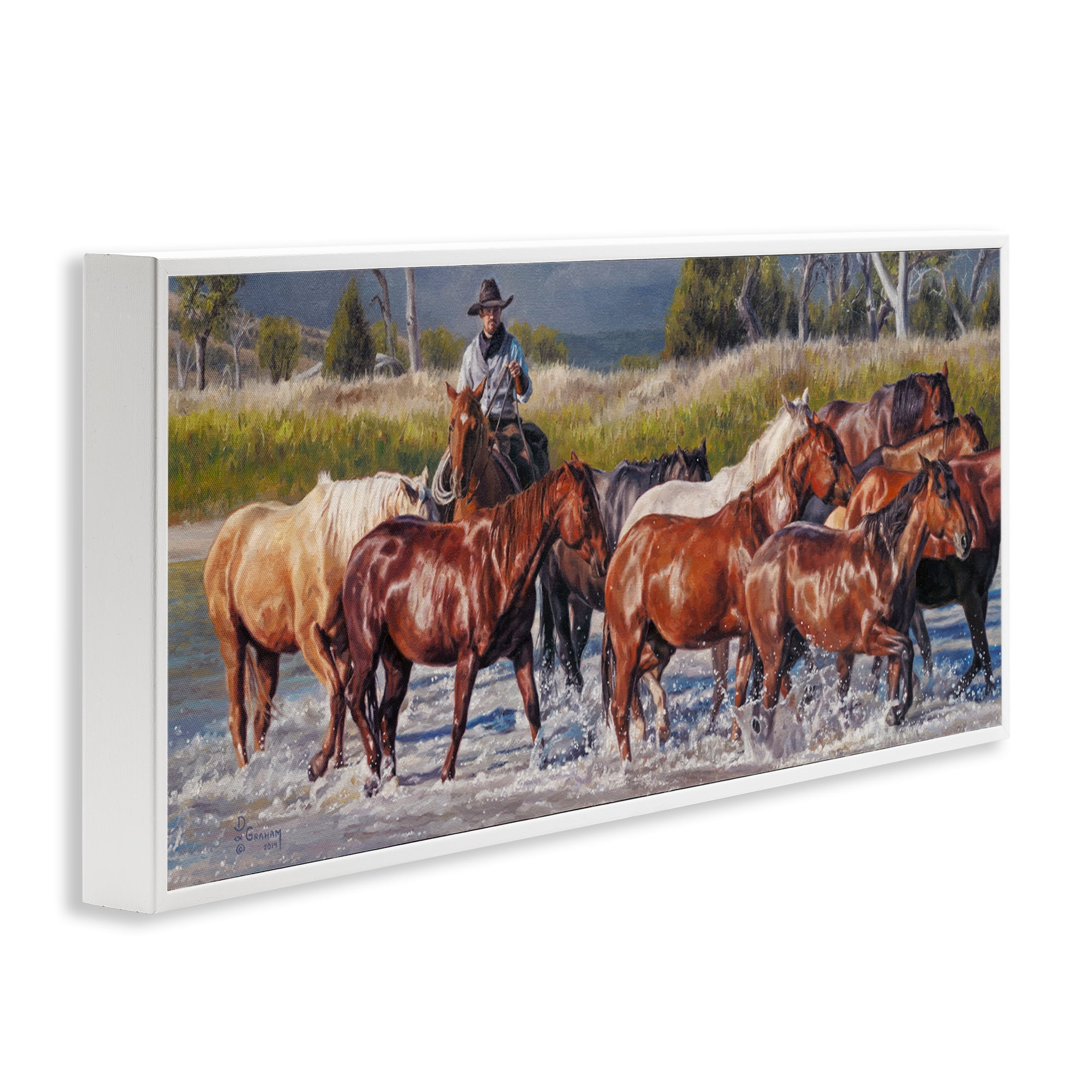 Stupell Industries Crossing The Remuda Animals & Insects Painting White Framed Art Print Wall Art, 24 x 10