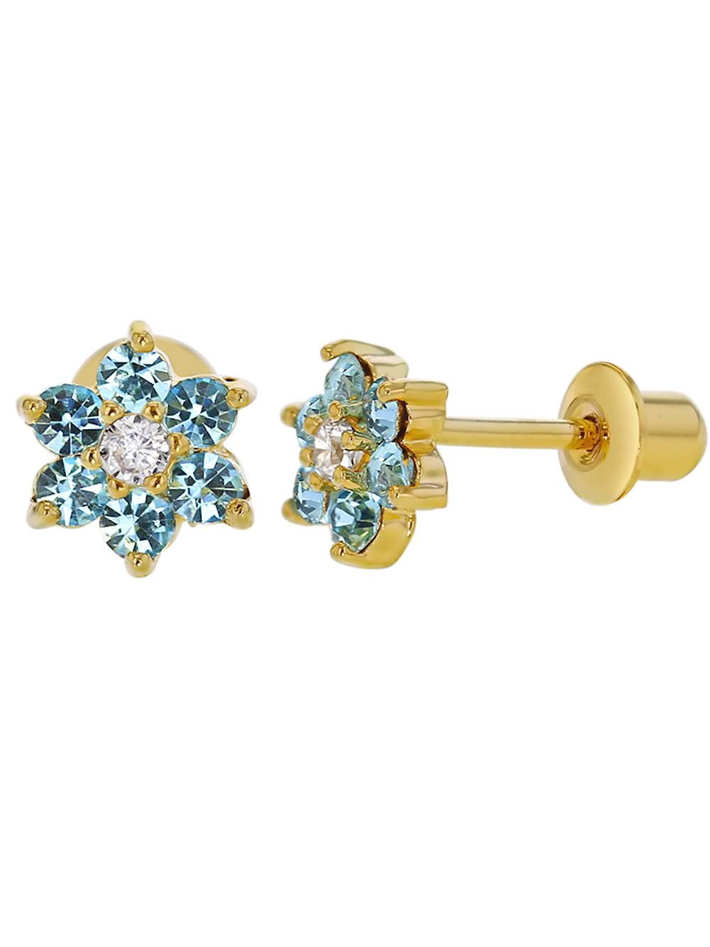 18k Gold Plated Light Blue Crystal Flower Screw Back Earrings for