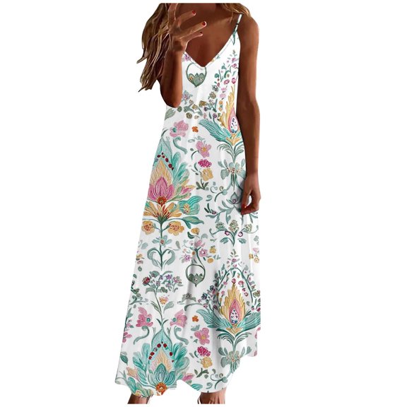 Tnhcen Women's Summer Casual Sleeveless V-Neck Max Print Dress, Plus Size S-3XL Beach Vacation Slip Dress, Lightweight Flowy Floral Leaf Casual Wear