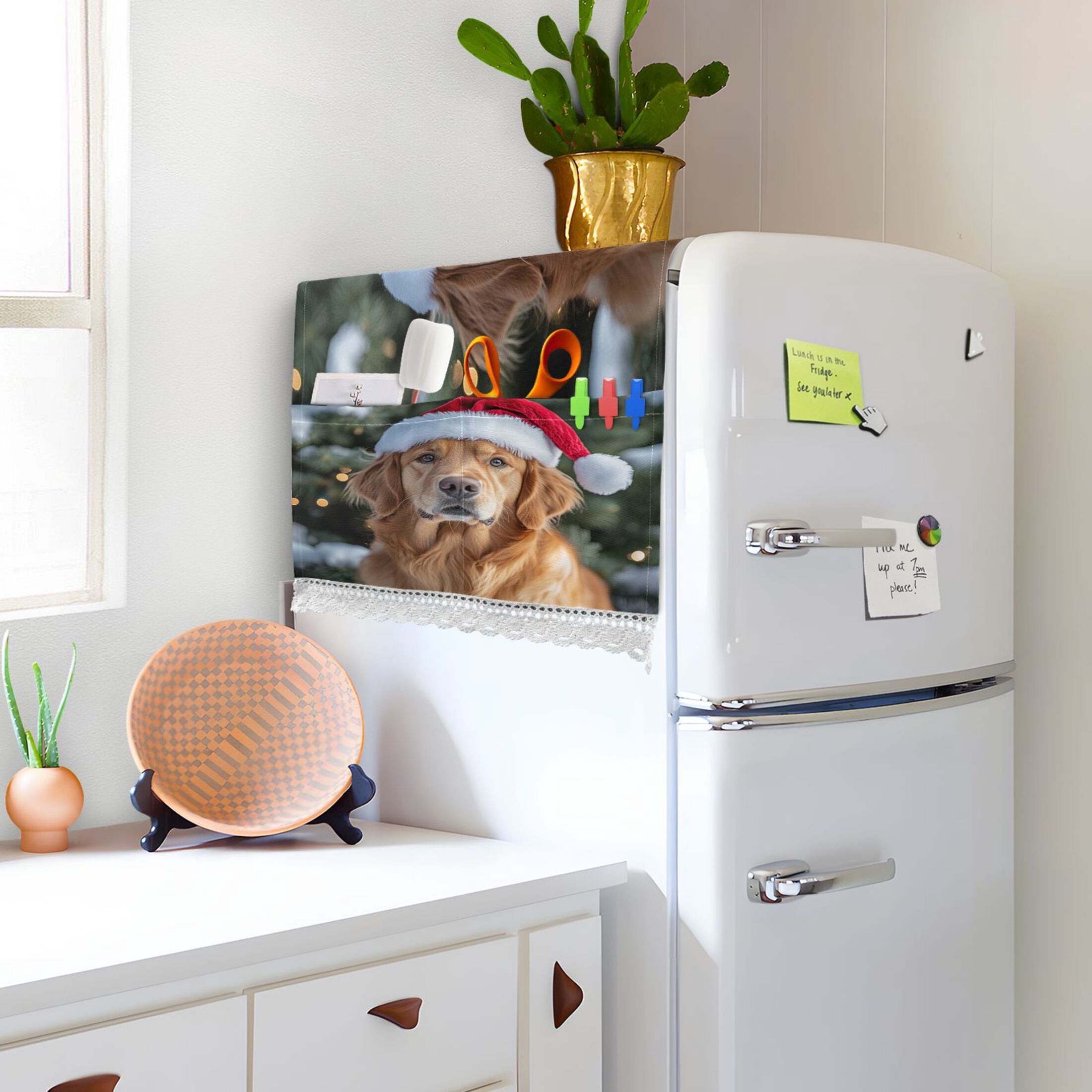 Dog Wearing A Santa HatWasher and Dryer Covers Dust-Proof and Oil Resistant Fridge Cover with 4 Storage Pockets Washing Machine Top Cover for Laundry Kitchen Home 51.2 x 22 In
