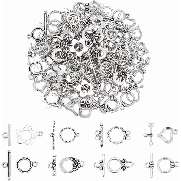 8 Styles Toggle Clasp 80Pcs Tibetan Style Toggle Connectors Jewelry Clasp Metal T-bar Closure Clasps for Necklace Bracelet Jewelry Making DIY Craft Silver