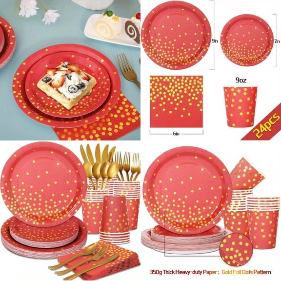 168pcs Red and Golden Party Decorations Red Plates and Napkins Serve 24 Red Paper Plates Red and Golden Plates for Lunar New Year