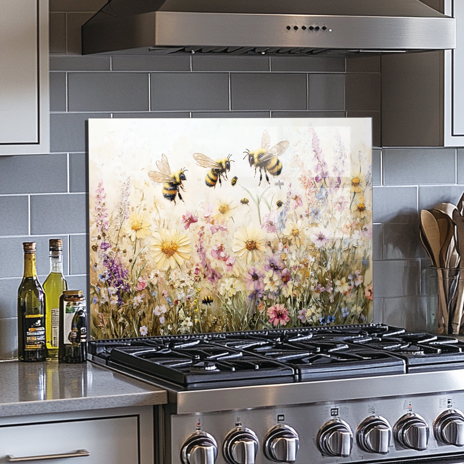 Bees and Flowers Tempered Glass Backsplash For Kitchen Behind Stove,Stove Back Top Cover,Easy to Clean Glass Splashback, Sink Cover Splash Guard,Home Kitchen Wall Decor