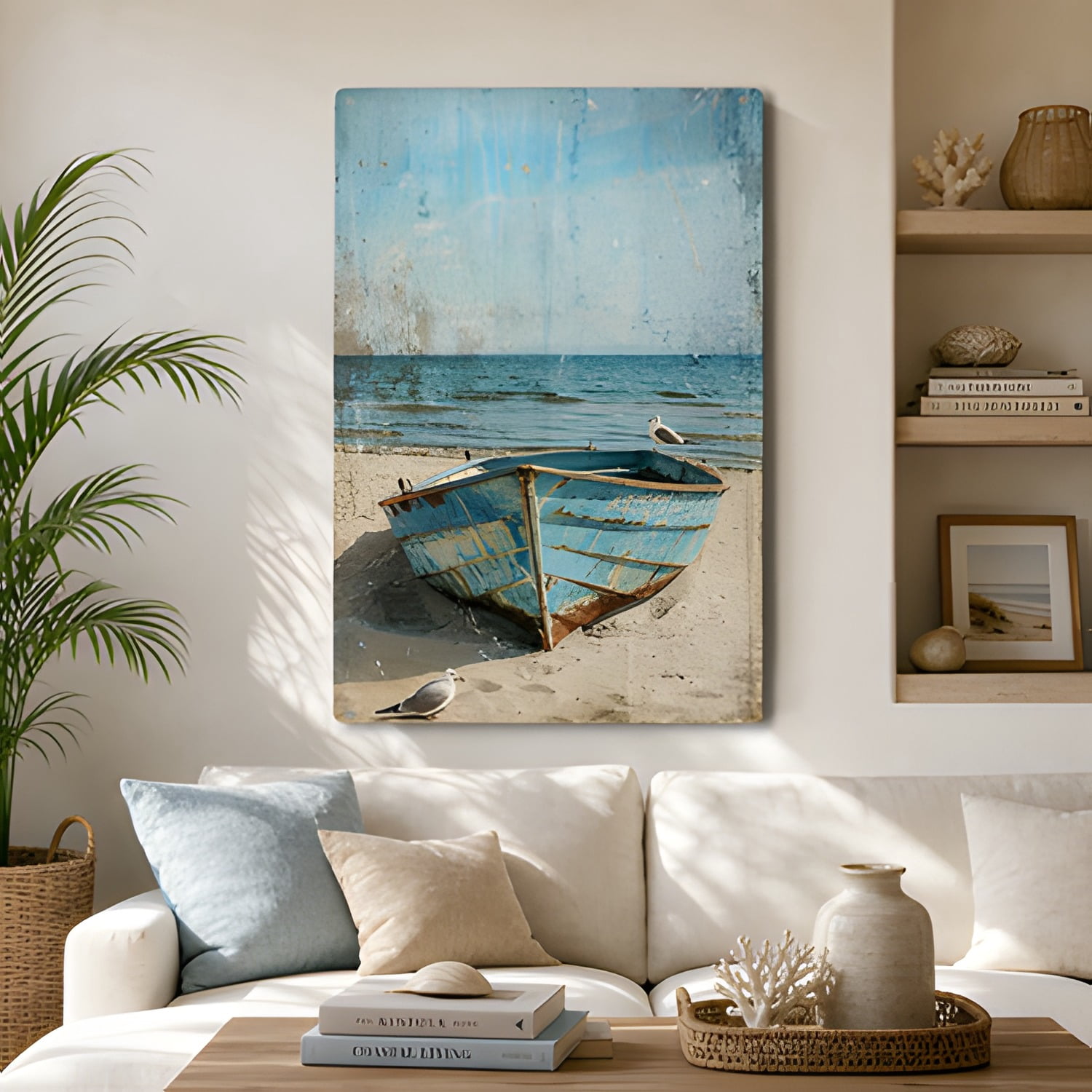 Vintage Blue Boat & Seagulls Metal Wall Art, 12x" 12x8 Inch Rustic Coastal Decor, Waterproof Rustproof Iron Sign, Rustproof Iron Sign, Ocean Beach Scene W