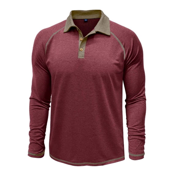 UVEASISHA Cotton Polos Shirt for Men Long Sleeve Color Block Collared Poloss Fall Casual Golf Workout Shirts Wine XXL