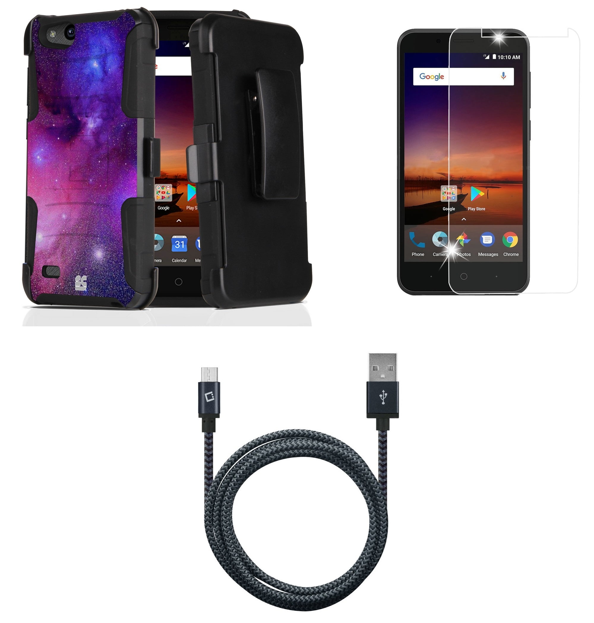 ZTE ZFive C LTE Z558VL Bundle: Dual Layer Rugged Kickstand Belt Holster Case 5 Feet / 1.5 Meters Heavy Duty Braided Micro USB Data Sync Charging Cable Camo Atom Cloth 