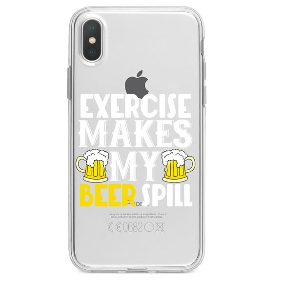 DistinctInk Clear Shockproof Hybrid Case for iPhone XR (6.1" Screen) - TPU Bumper Acrylic Back Tempered Glass Screen Protector - Exercise Makes My Beer Spill