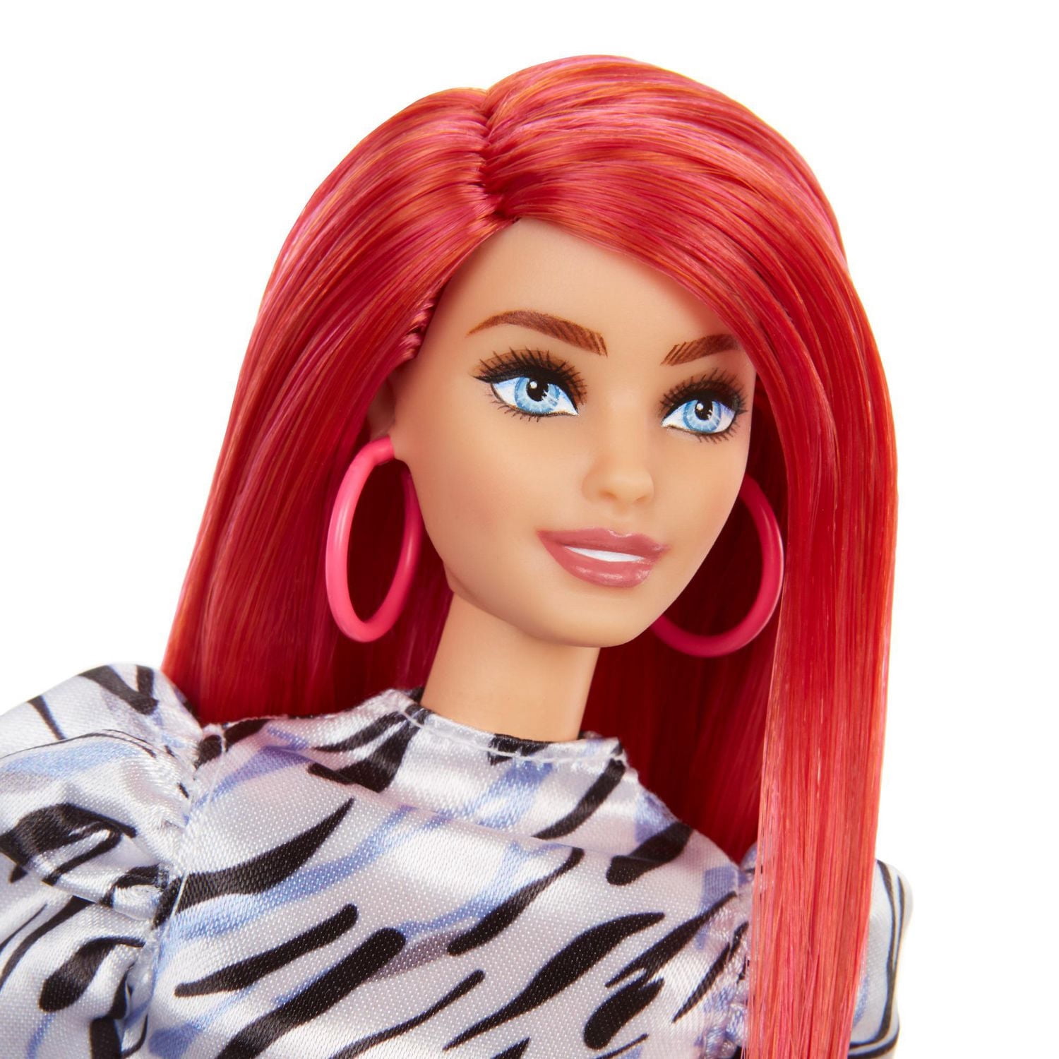 Barbie Fashionistas Doll #168, Smaller Bust, Long Red Hair, Zebra-striped Dress with Puffed Sleeves, Hoop Earrings, Shoes, 3 to 8 Years Old