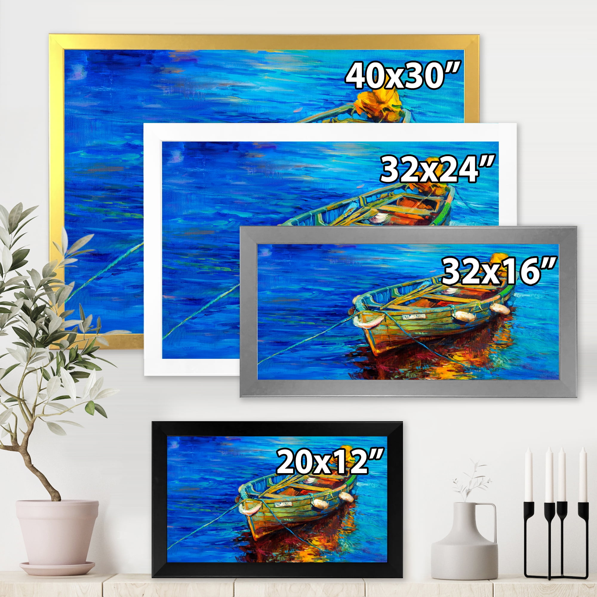 Designart 'Boats During Warm Sunset Resting On The Water IV' Nautical & Coastal Framed Art Print