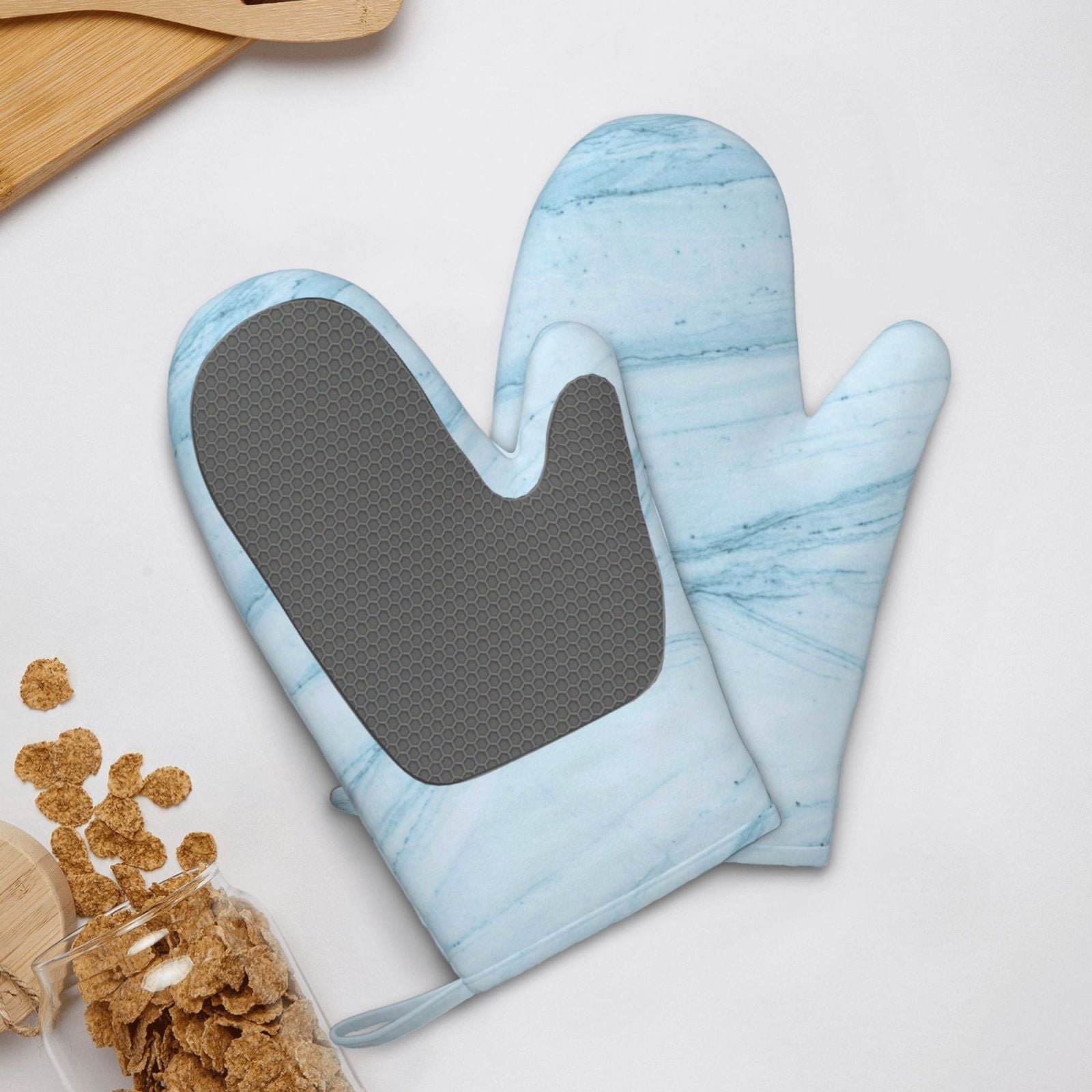 Hirioo Light Blue Marble for Silicone Oven Mitts for BBQ, Baking, Cooking, Set of 2, Heat Resistant 260℃, Non-Slip Kitchen Essentials