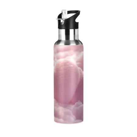 

600/1000ML Stainless Steel Sport Water Bottle with Straw Lid Leak Proof Vacuum Insulated Mug for Outdoor Activities Cycling Running & Walking Fluffy Pink Heart-shaped