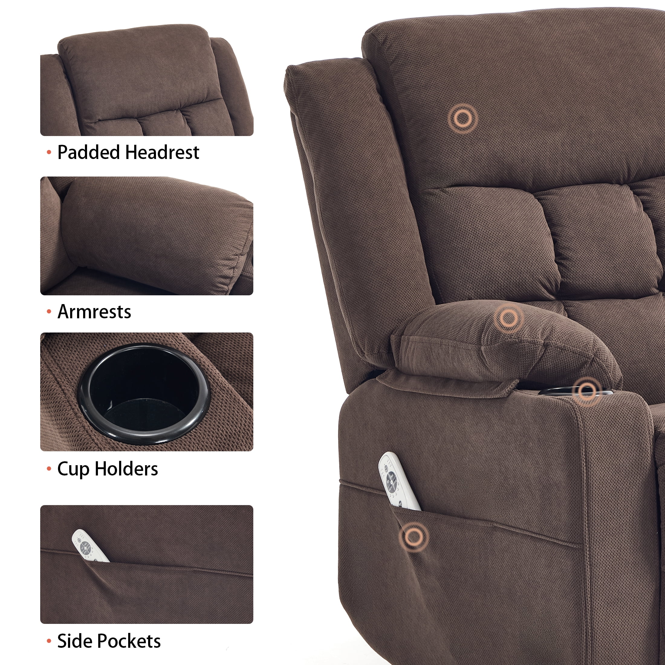 Swivel Rocker Recliner Chair for Adults with Massage and Heat, Cup Holders and Side Pockets, Glider Rocking Reclining Single Sofa Chair for Living Room (Cocoa)