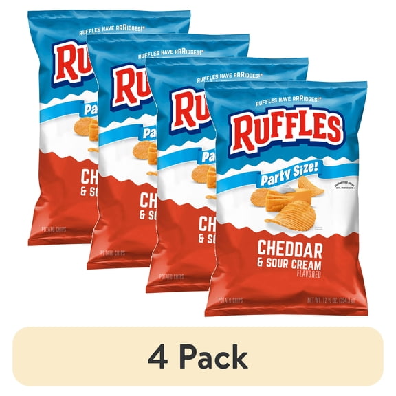 (4 pack) Ruffles Cheddar & Sour Cream Potato Snack Chips, Party Size, 12.5 oz Bag