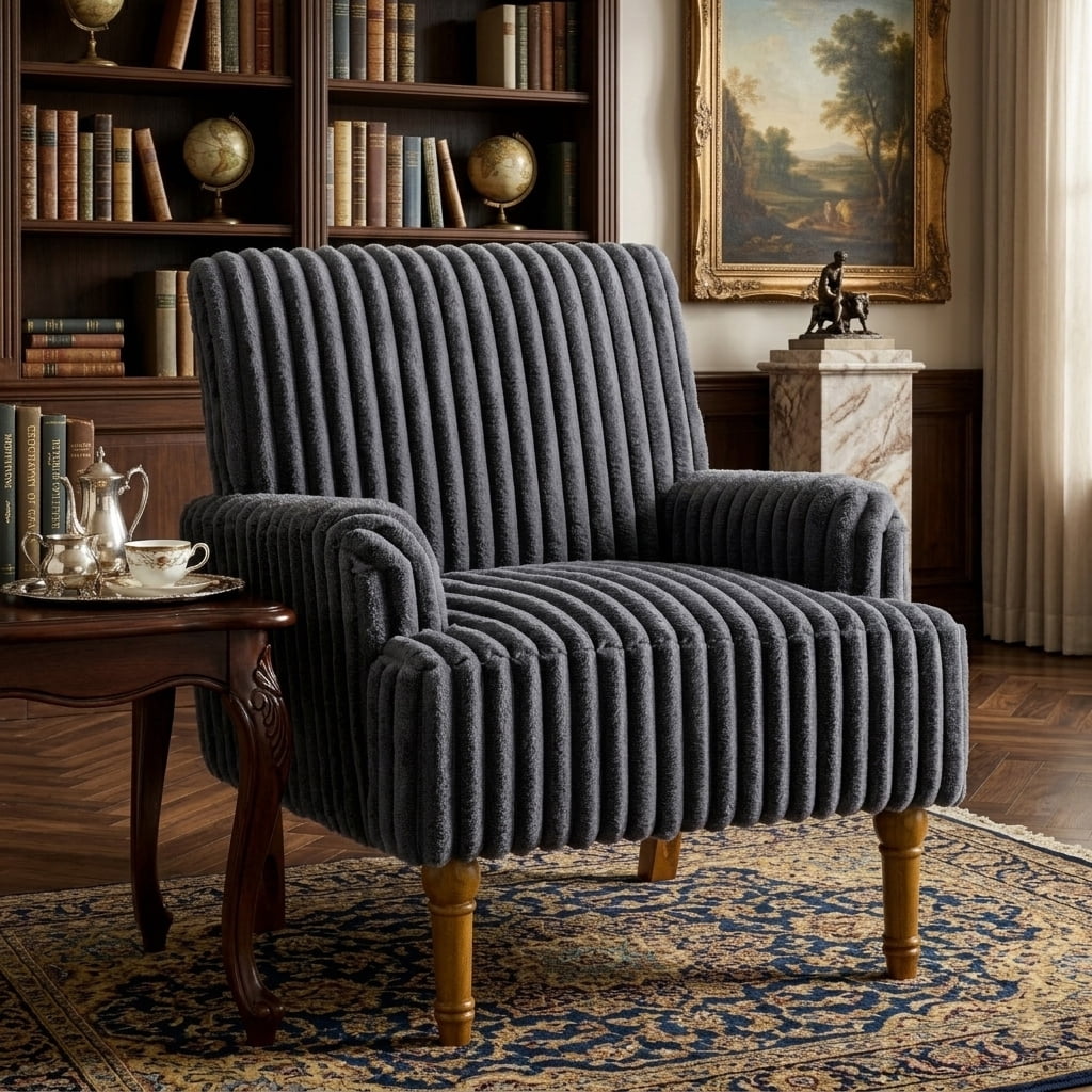 Aukfa Mid Century Corduroy Accent Chair, Wide Wale Upholstered Armchair with 9" Wood Legs for Living Room Bedroom,Gray