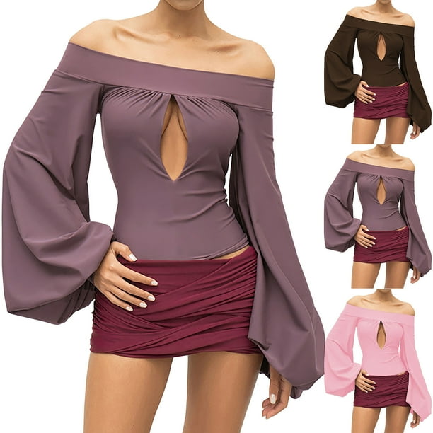 Top para mujer,Blusa hueca de verano para mujer, color liso, con mangas farol, de poliéster, ideal para el hogar, sopatenor