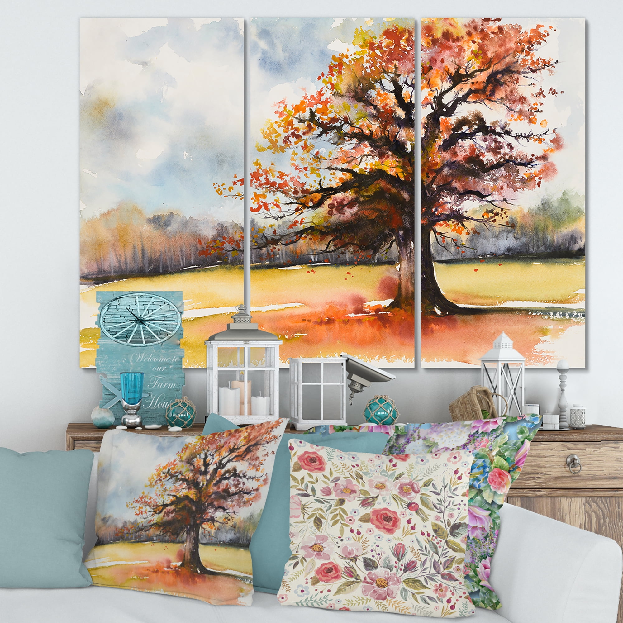 Designart ' Lone Oak Tree In The Fields With Autum Leaves ' Traditional Canvas Wall Art Print