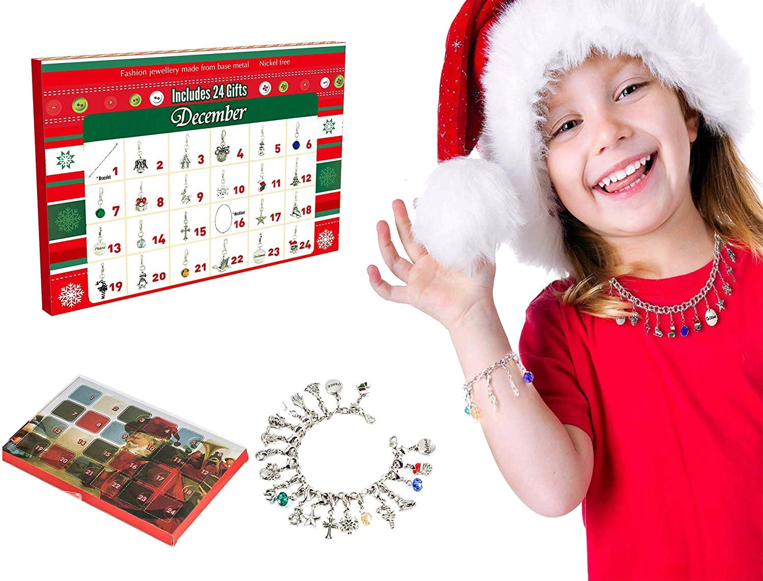 Christmas Advent Calendar Charm Ajustable Bracelet And Necklace DIY 