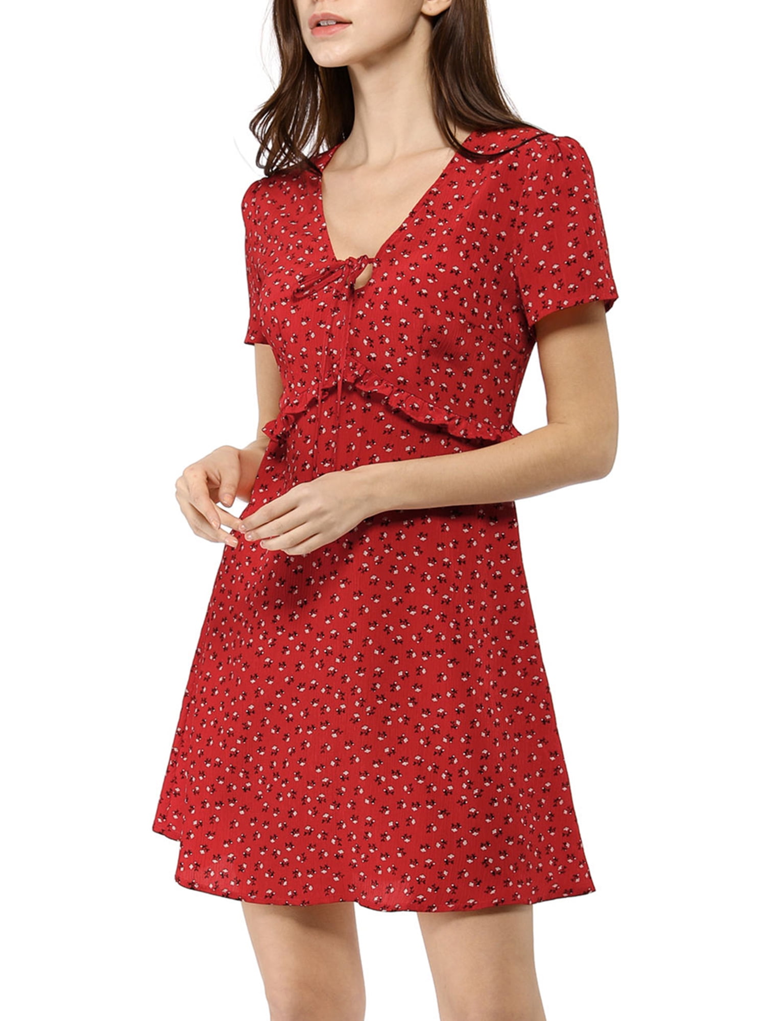 DARING DIVA Floral Bow Tie V Neck Short Sleeve Ruffle Dress M Red