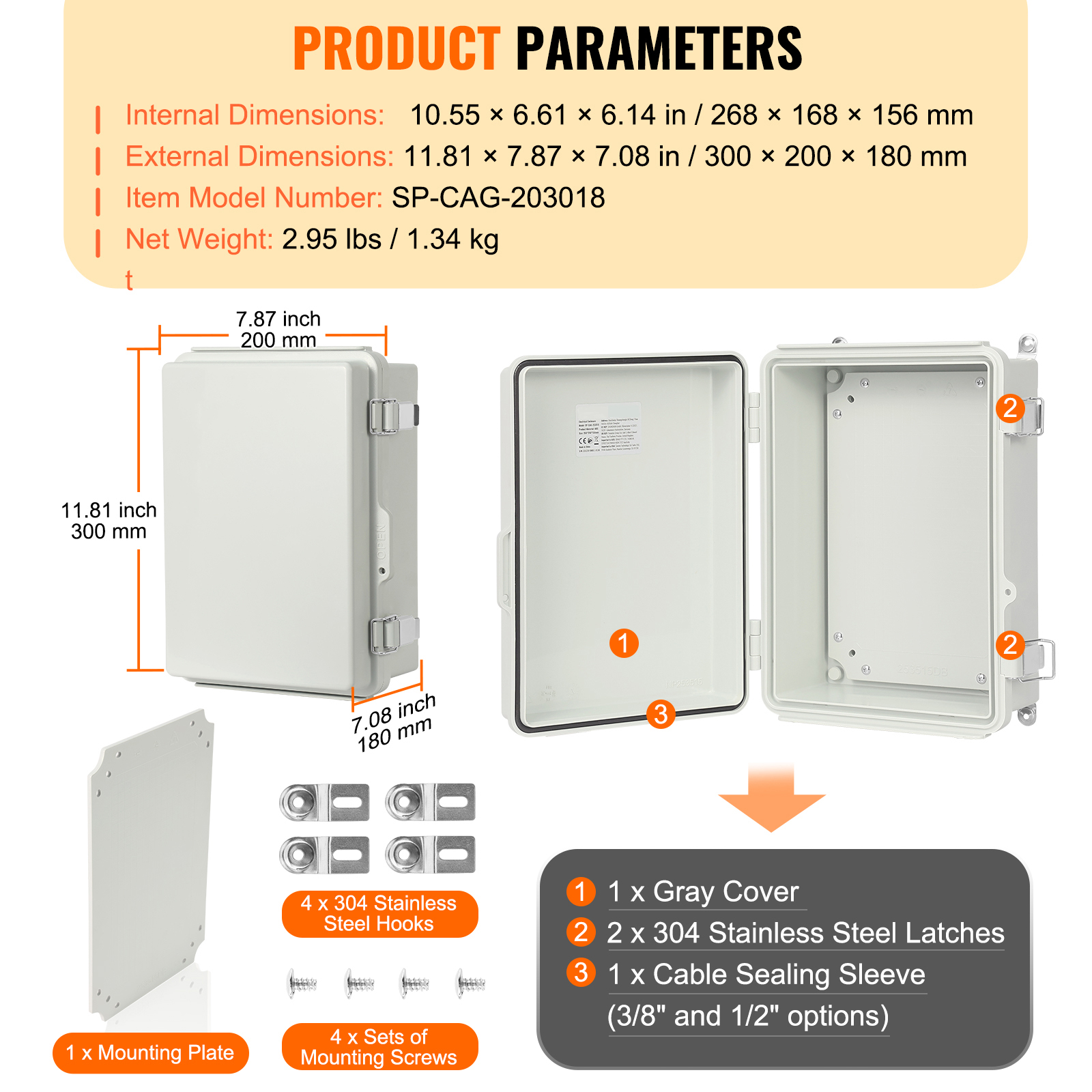 KFFKFF Outdoor Electrical Junction Box, 11.81 x 7.87 x 7.08 in, ABS Plastic Enclosure with Hinged Cover and Stainless Steel Latch, IP67 Waterproof and Dustproof for Exterior Electrical Applications