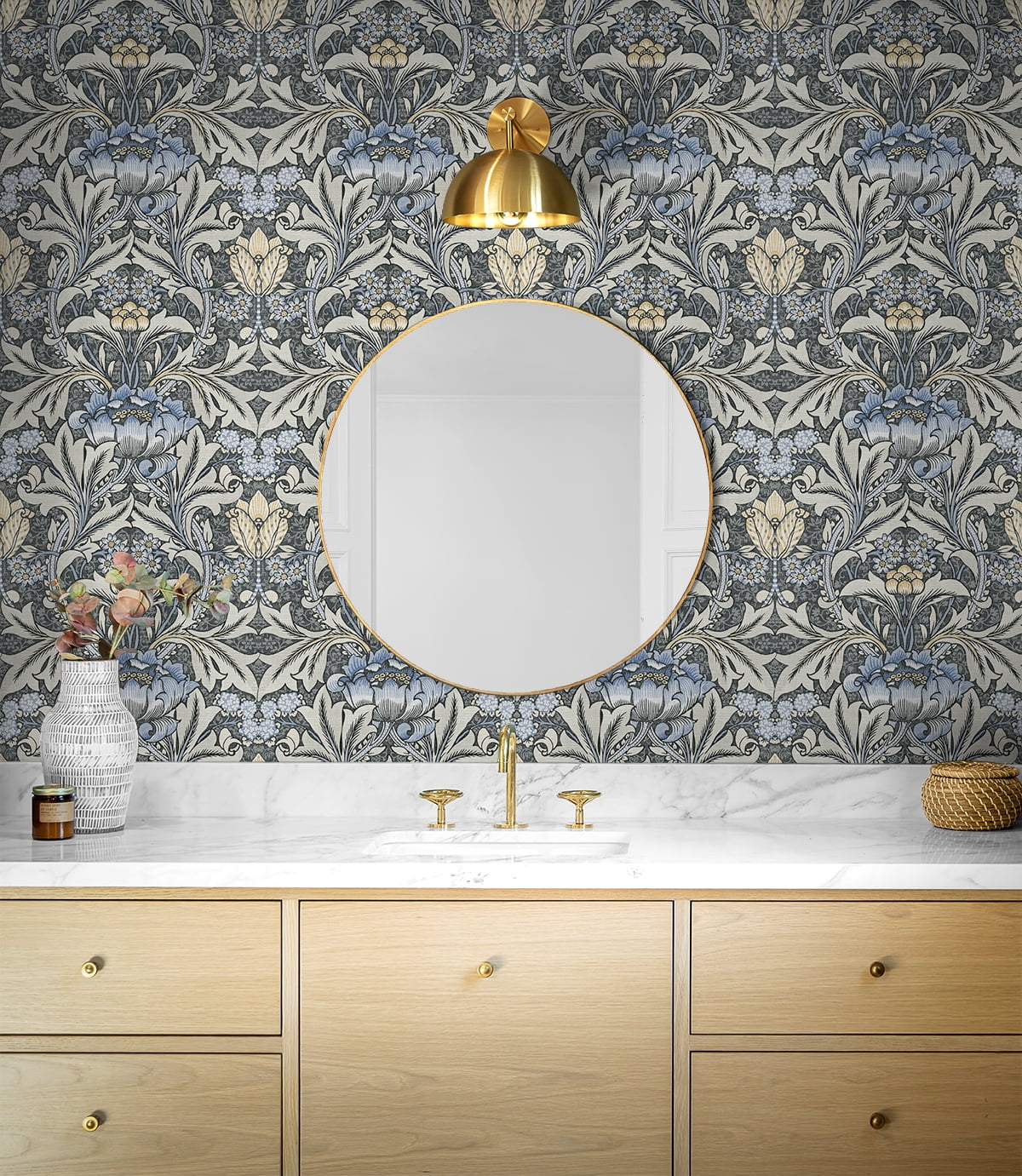 NextWall Charcoal & Carolina Blue Acanthus Floral Peel and Stick Wallpaper