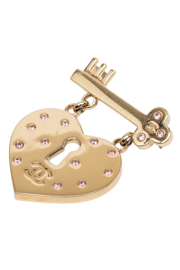 Pre-Owned Chanel Coco Mark Heart Lock Key Brooch 02P Gold Pink Plated Rhinestone Women's CHANEL
