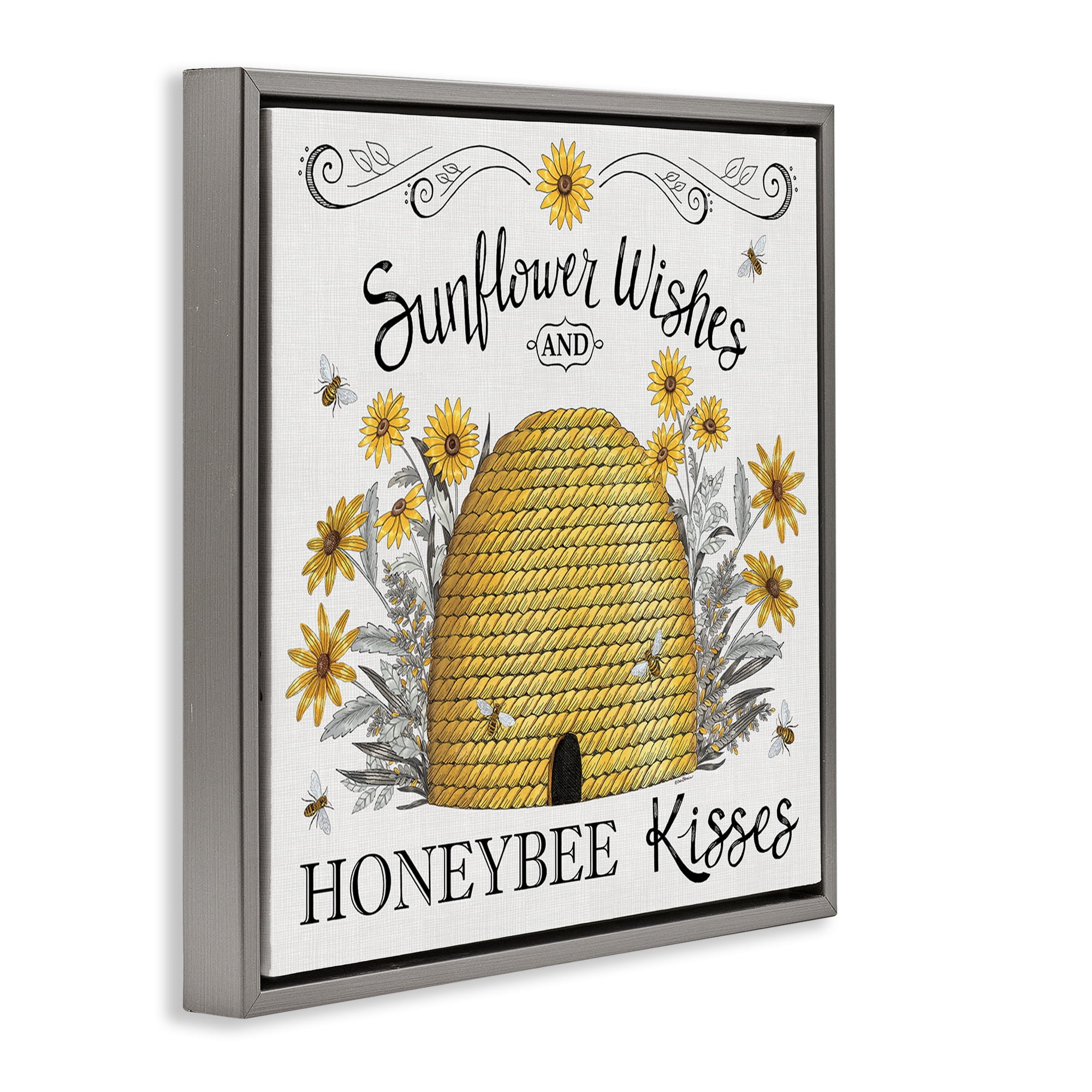 Stupell Industries Sunflower Wishes Honeybee Kisses Plants & Flowers Painting Gray Floater Framed Canvas Art Print Wall Art, 25 x 25