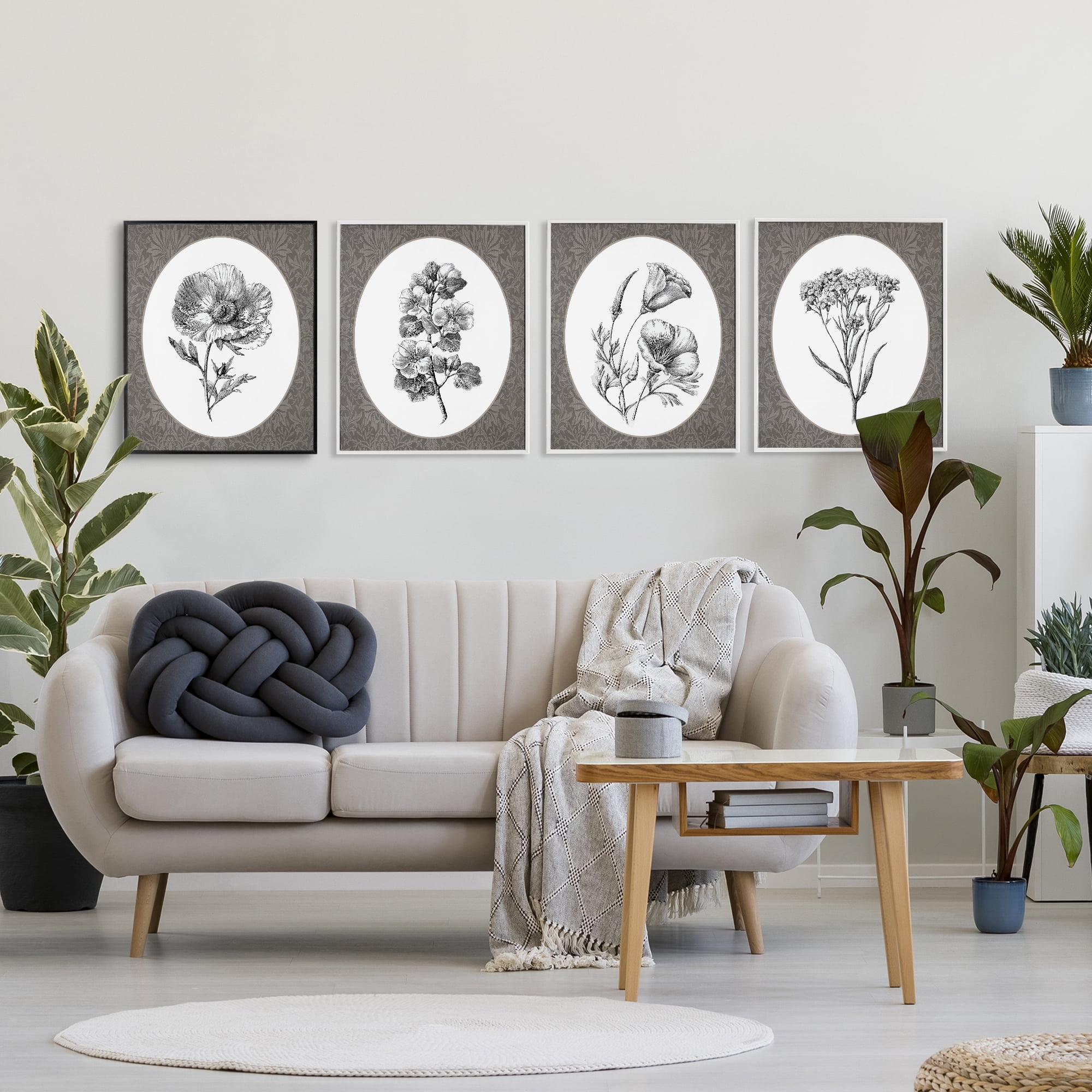 Ornate Blooms over Damask 4 Piece White Framed Giclee Art Set, design by Lettered and Lined