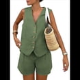 thumbnail image 1 of Conjuntos de Verano de 2 Piezas para Mujer, Sin Mangas, con Cuello en V, Abotonado, Chaleco y Pantalones Cortos con Bolsillos. Verde S, 1 of 9
