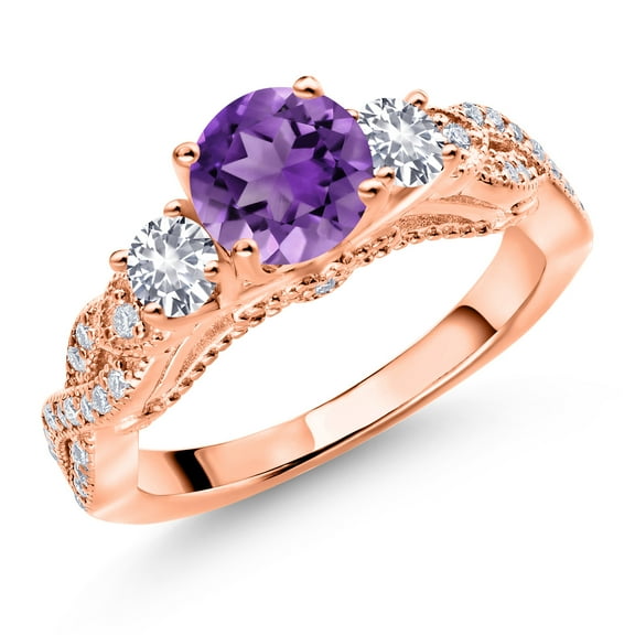 Gem Stone King 18K Rose Gold Plated Silver Purple Amethyst White Created Sapphire and White Moissanite Engagement Ring for Women (1.53 Cttw, Gemstone February Birthstone, Round 6MM and 3MM, Size 8)