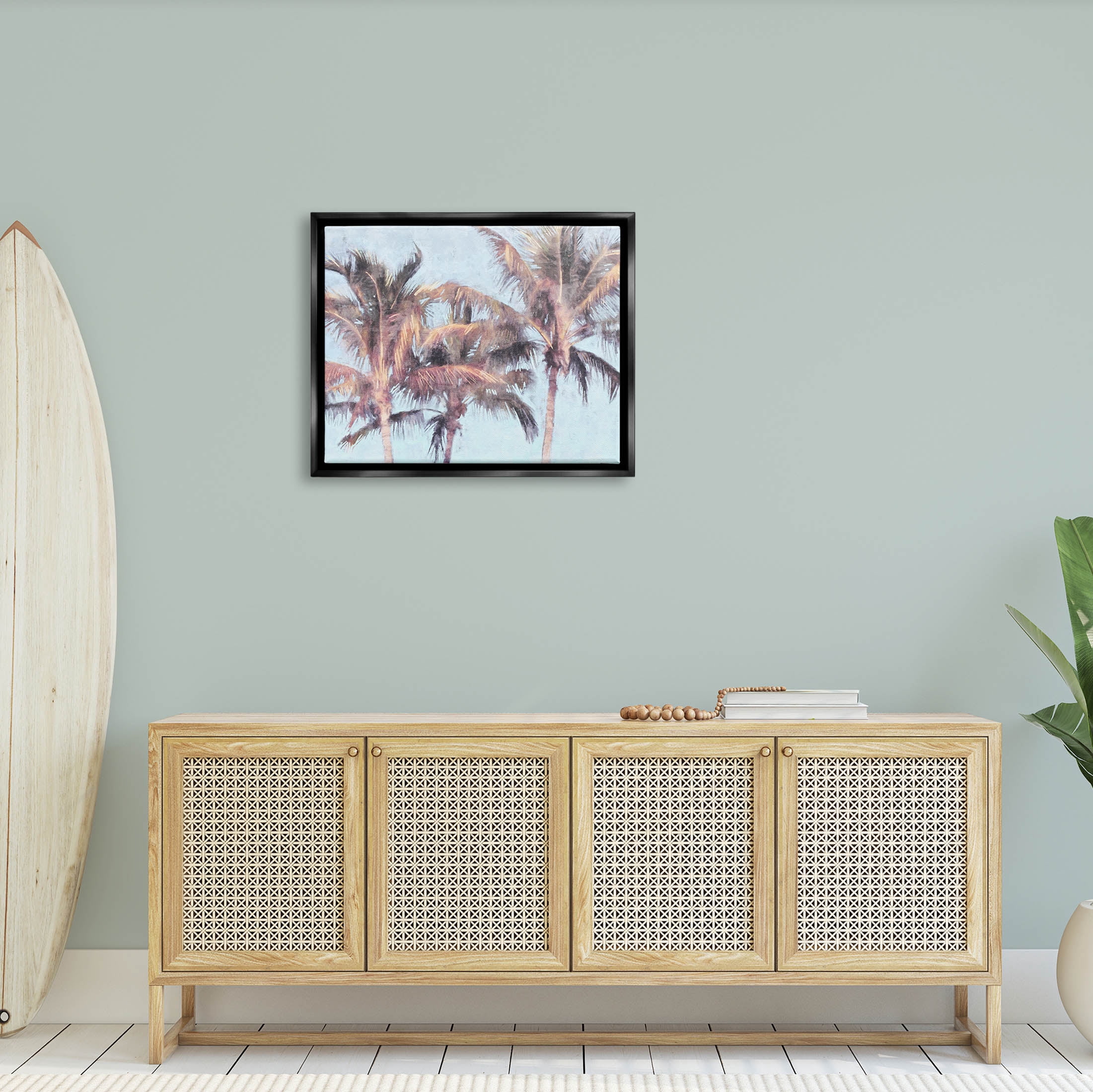 Stupell Industries Looming Palm Trees Tropical Sky Graphic Art Jet Black Floating Framed Canvas Print Wall Art, Design by Nina Blue