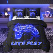 Manfei Kids Game Console 7-Piece Twin Bedding Sets,Geometric Circle Dot Bedding Comforter Set,Black Blue Sheet Sets For Boy,Ultra Soft Home Decor Reversible