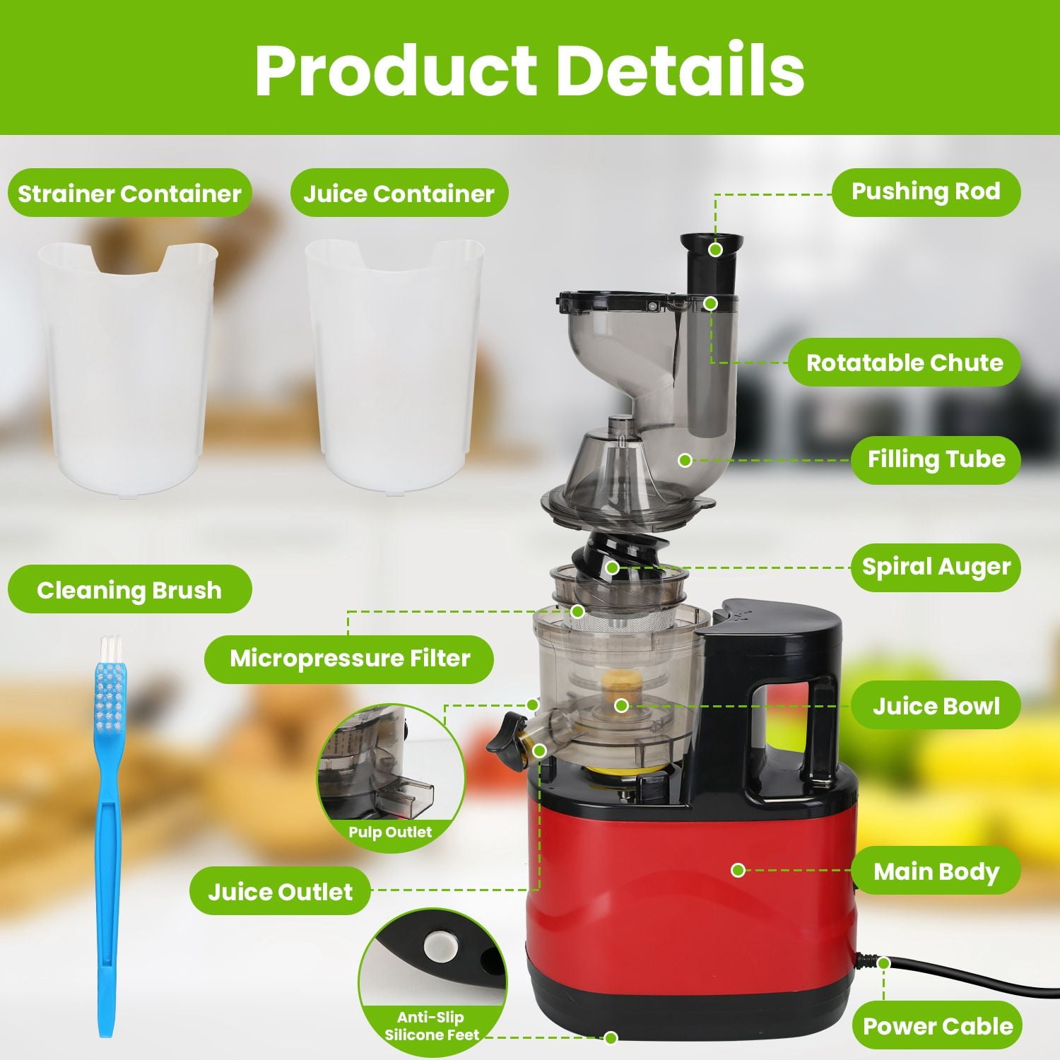 Slow Masticating Cold Press Juicer, 300W High Efficiency Juicer Machine, Juice Pulp Separation with Anti-Drip Design & Reverse Mode