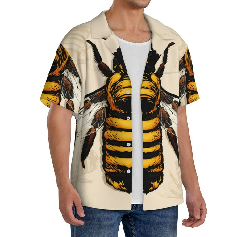 Qokaie Honey Bee Print Mens Casual Wrinkle Free Shirts Short