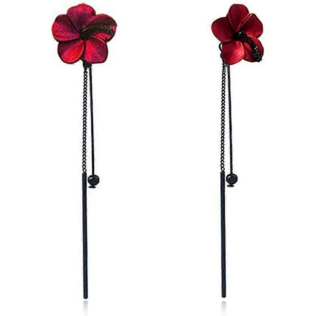UBIUO Boho Unique Long Tassel Flower Dangle Earrings Matte Metal Floral Drop Stud Earrings Statement Bar Ear Drop for Women
