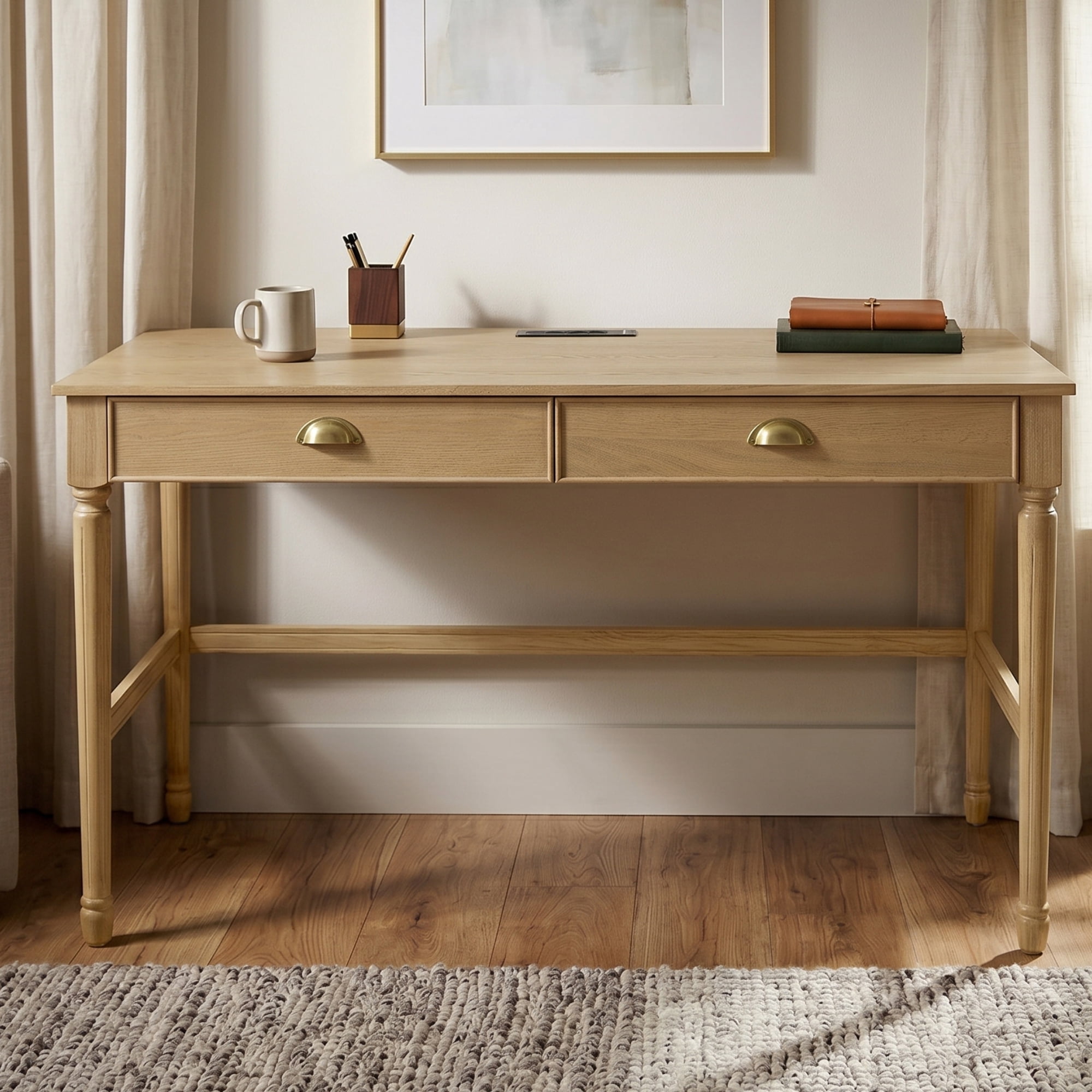Euroco 60" Solid Wood Writing Desk with 2 Drawers,Home Office Workbench Desk,Small Computer Work Study Table,Vanity Table for Living Room,Bedroom,Natural