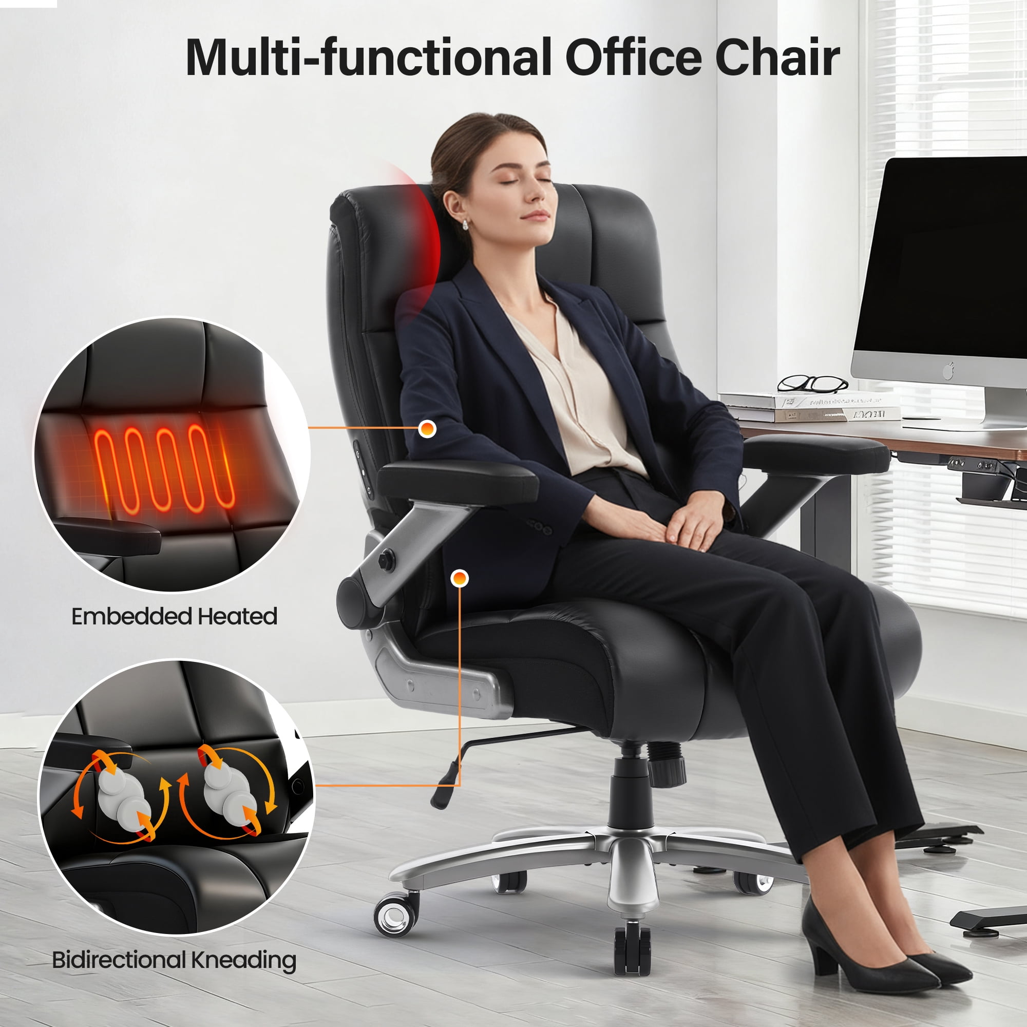 EOP 23.62'' Extra Wide Office Chair, 600 Lbs Big and Tall Executive Office Chair with Heat and Kneading Massage, Ergonomic Computer Chair with 3D Flip-up Arms, Black