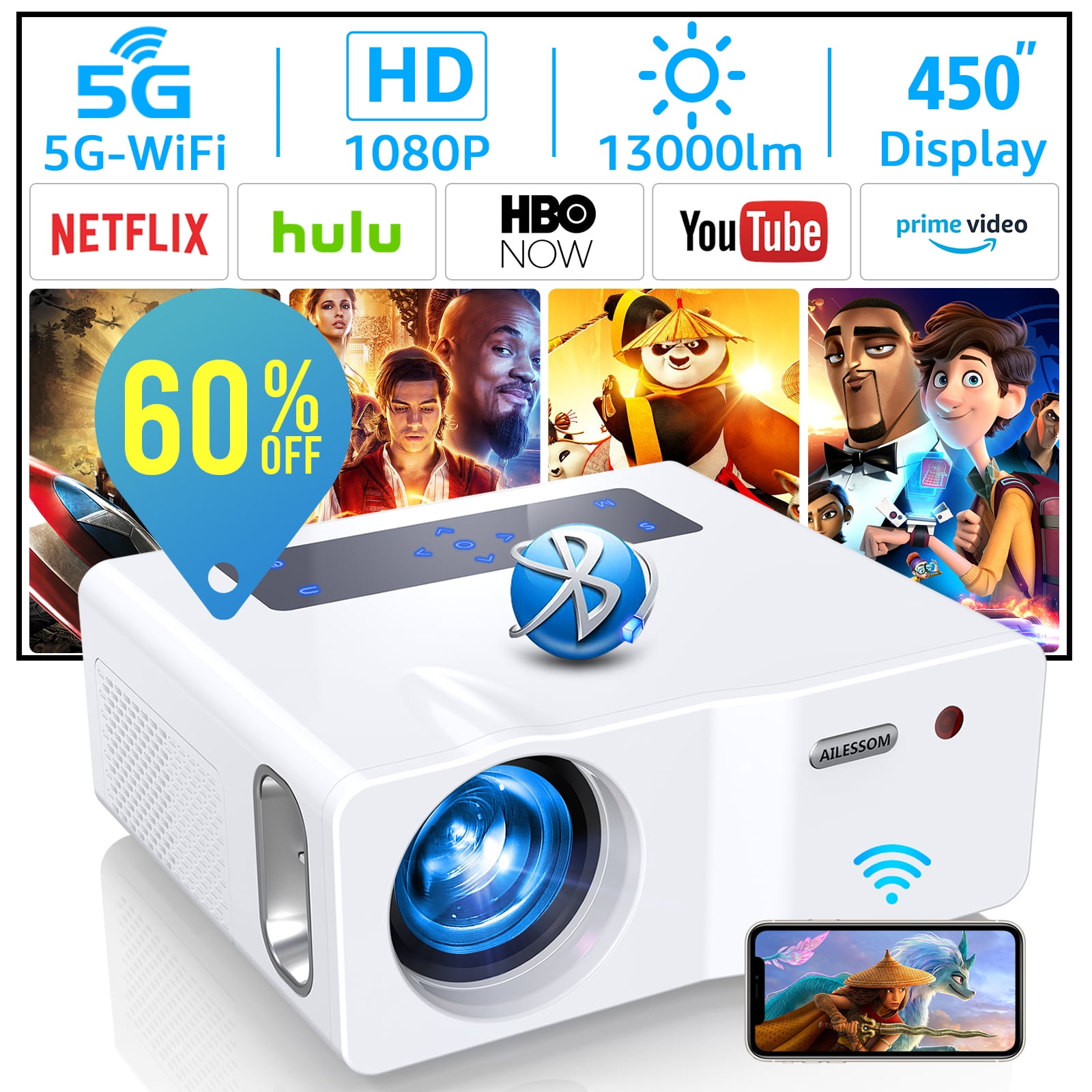 AILESSOM Projector, HD 1080P 5G/2.4GHz Wi-Fi, 5.0 Bluetooth, 450