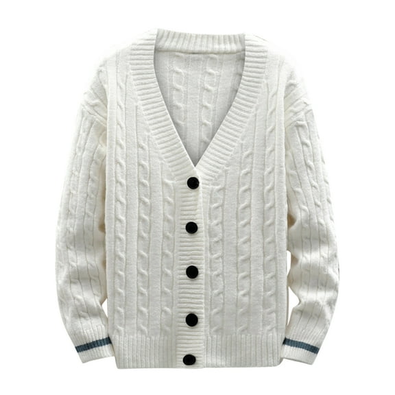 Herrnalise Men Casual Solid Button Closure Knit Cardigan Turndown Long Sleeve Sweater Jacket White